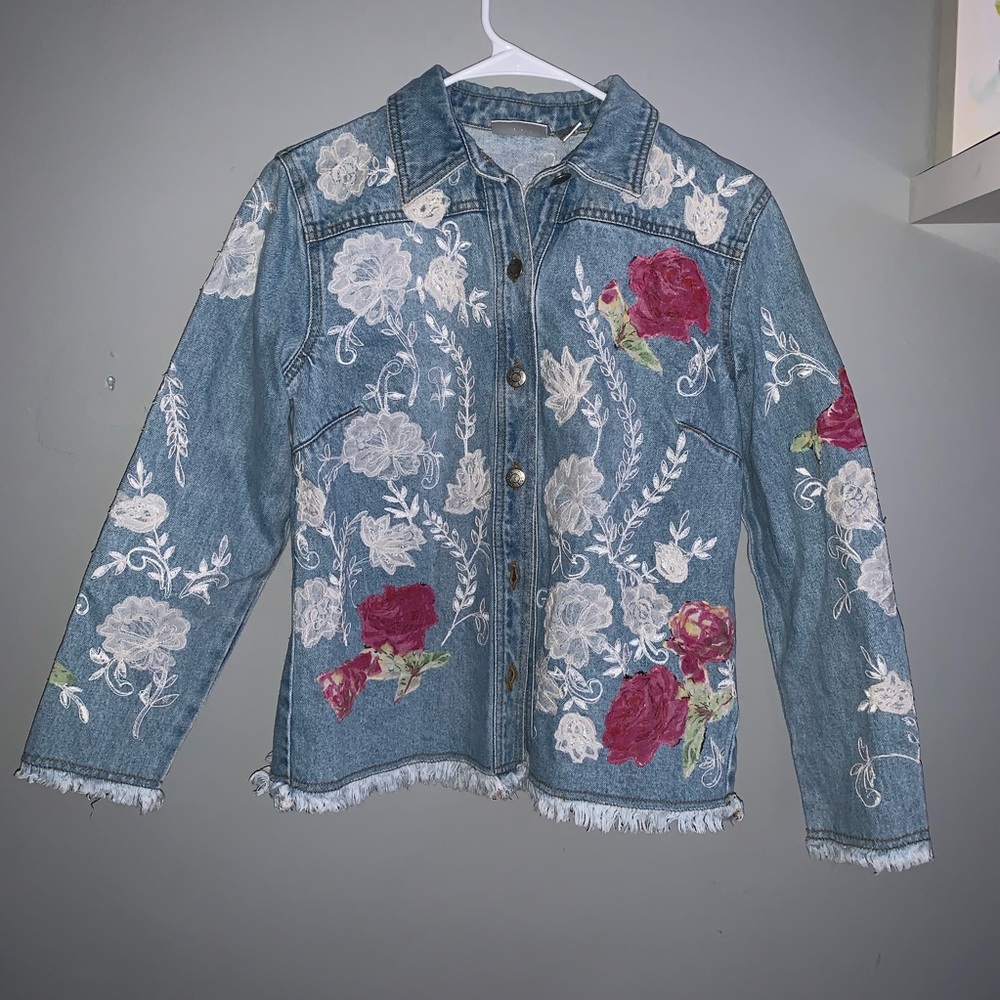 Vintage Chico Embroidered Boho Lace Jean Jacket